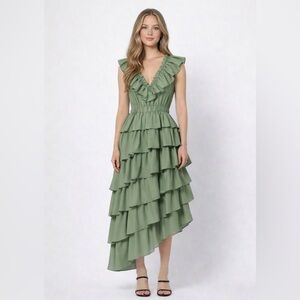 Elliatt Sage Green Ruffle Tiered Midi Dress Romantic Cottagecore
